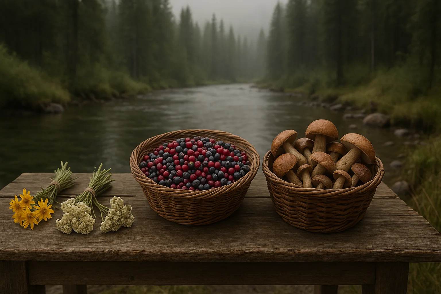 Concept image of salmon, berries, mushrooms and herbs at an outdoor field table